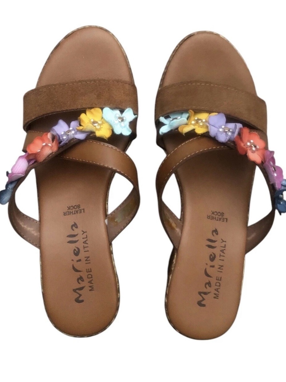 Mariella Brown Leather Slide Sandals with Multicolor Floral Embellishments